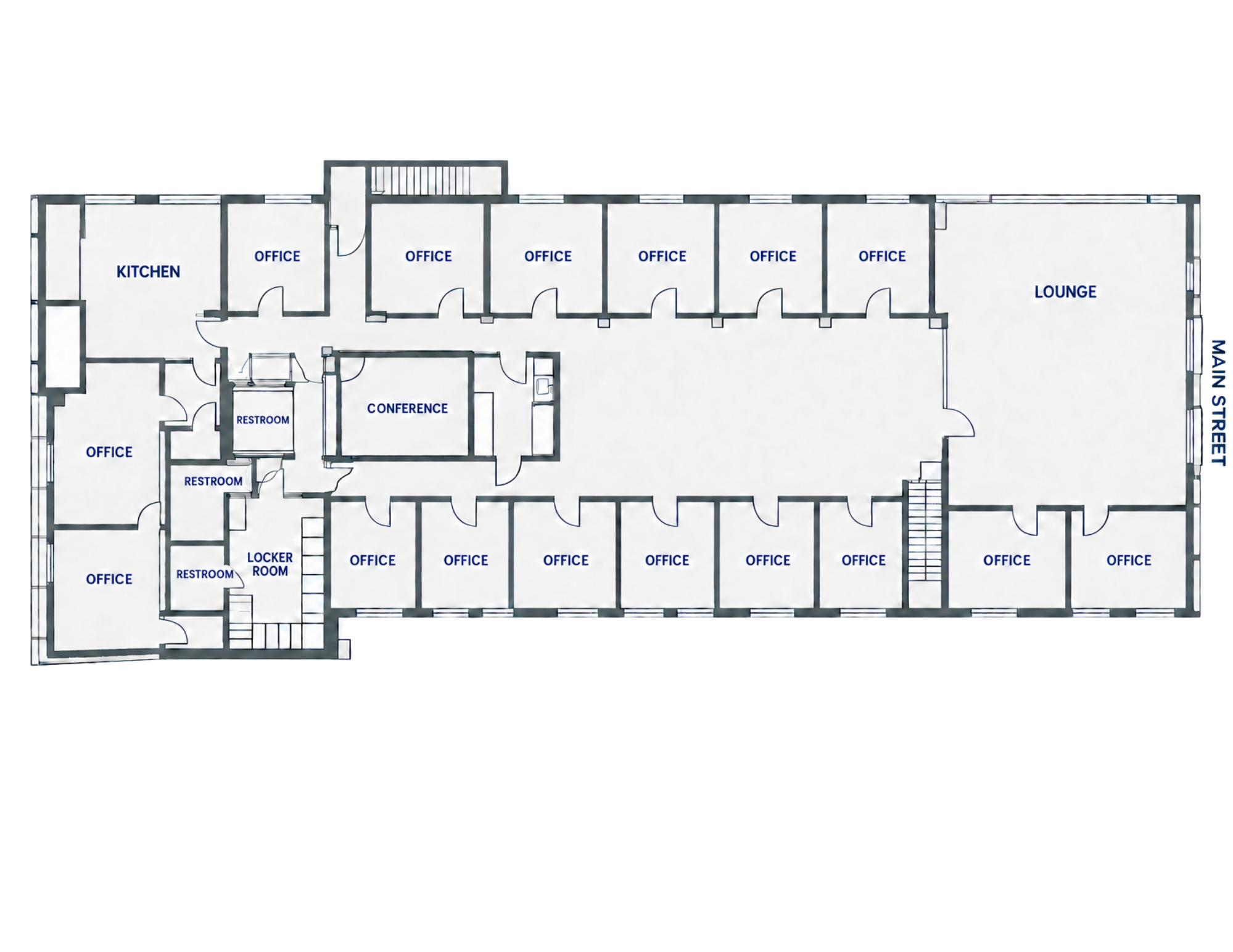 Premiere Offices second floor plan — 268 Main Street, Park City. Shows private offices, conference room, lounge, kitchen, restrooms, and locker room.